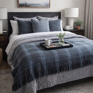 Creative Co-Op Recycled Cotton Blend Throw Blanket with Fringe,Grey Plaid 50x60